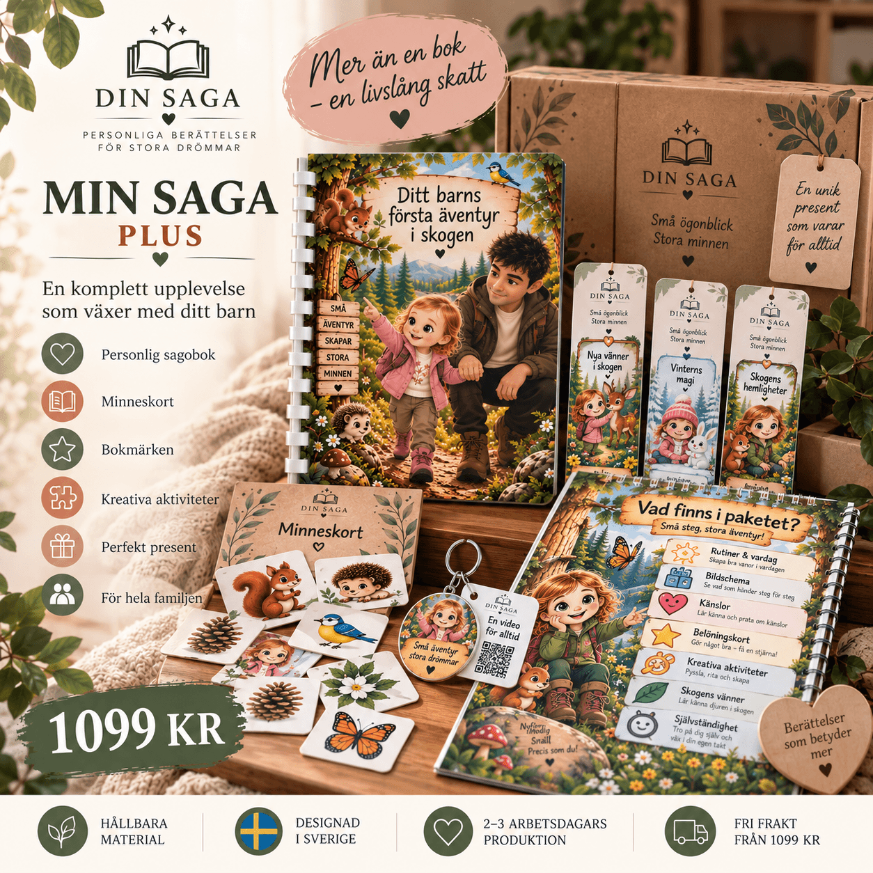 Min Saga Plus med personlig sagobok, minneskort, bokmärken och kreativa aktiviteter
