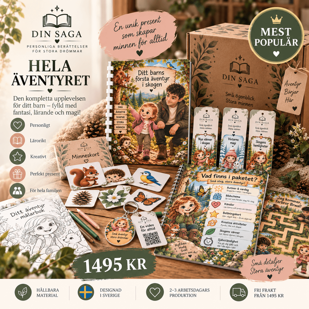 Hela DIN SAGA-upplevelsen med personlig saga, minneskort, aktiviteter och presentförpackning