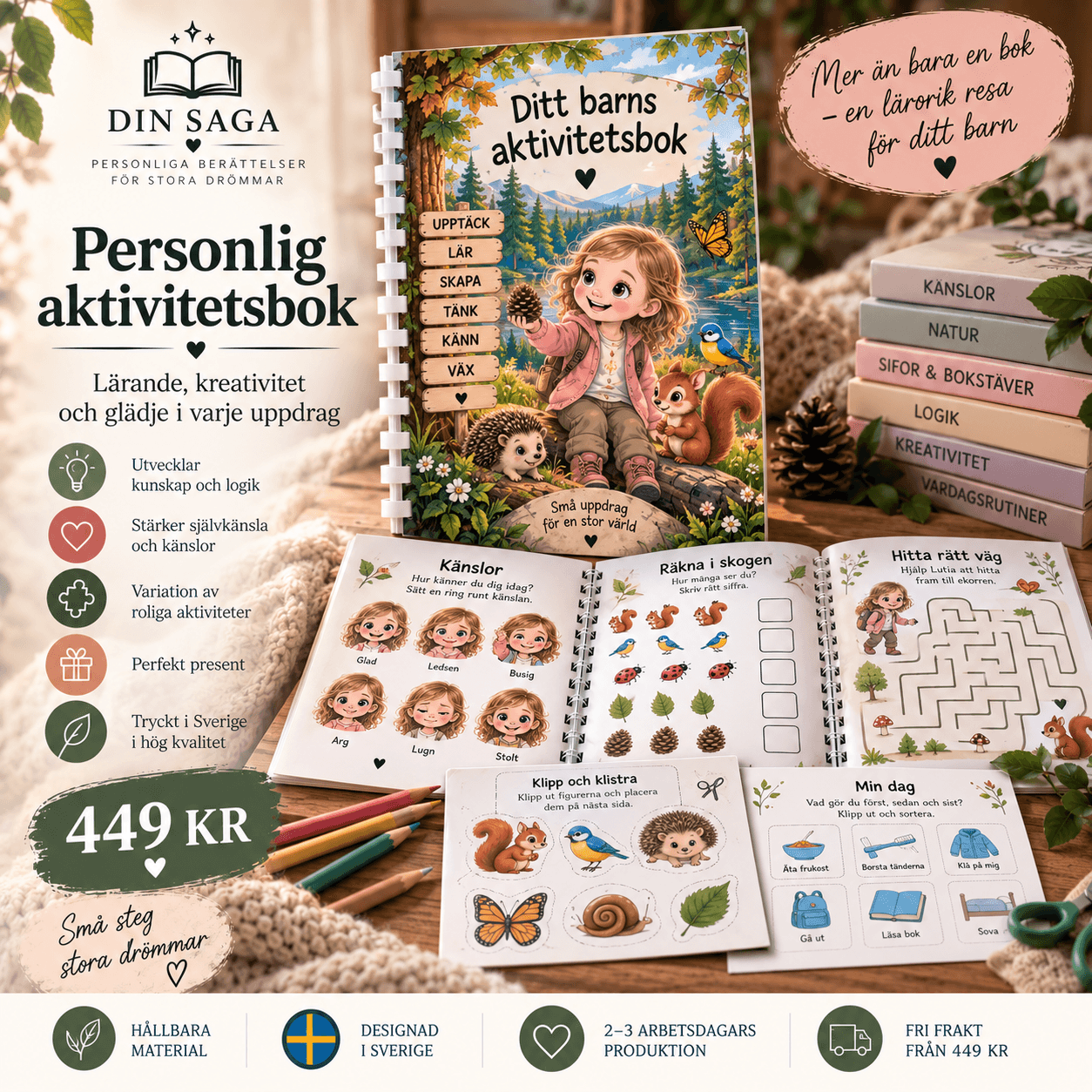 Personlig aktivitetsbok med kreativa uppdrag för barn