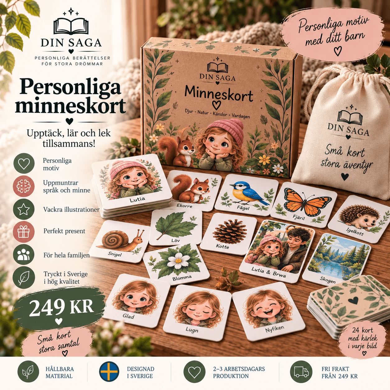 Personliga minneskort med illustrerade motiv och barnets namn