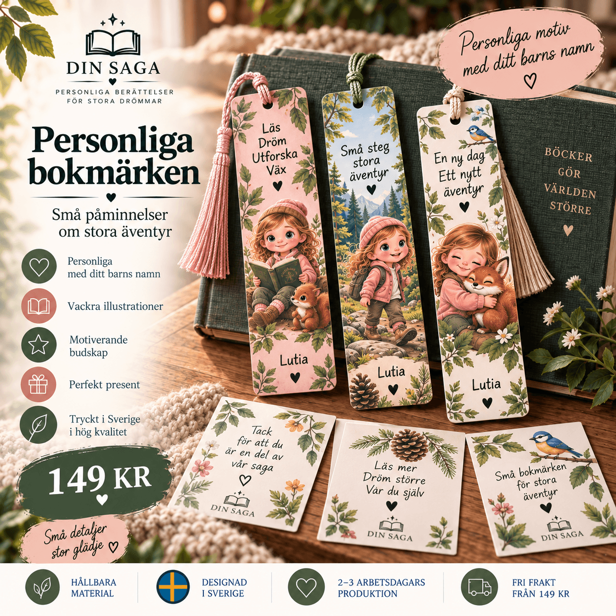 Personliga bokmärken med illustrerade motiv och barnets namn