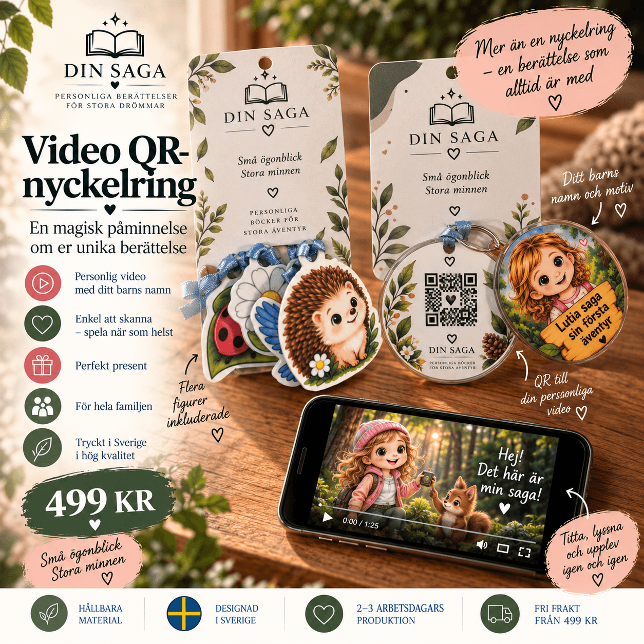 Video QR-nyckelring med personlig video och DIN SAGA-motiv