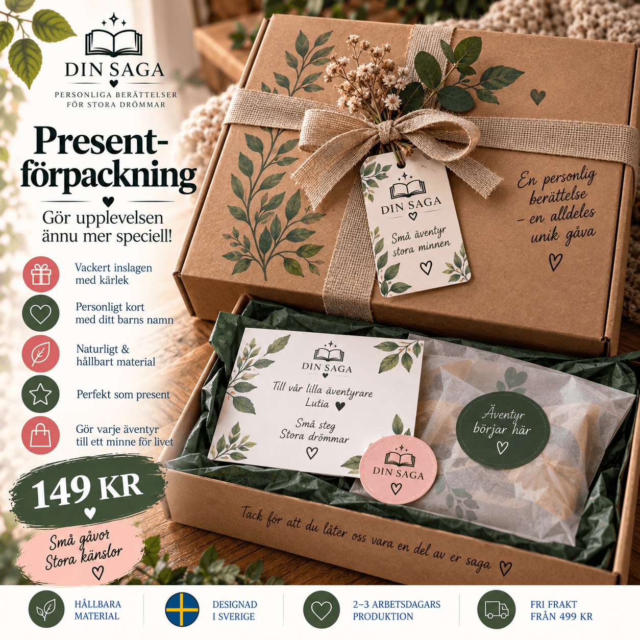 Personlig presentförpackning från DIN SAGA med kort och band