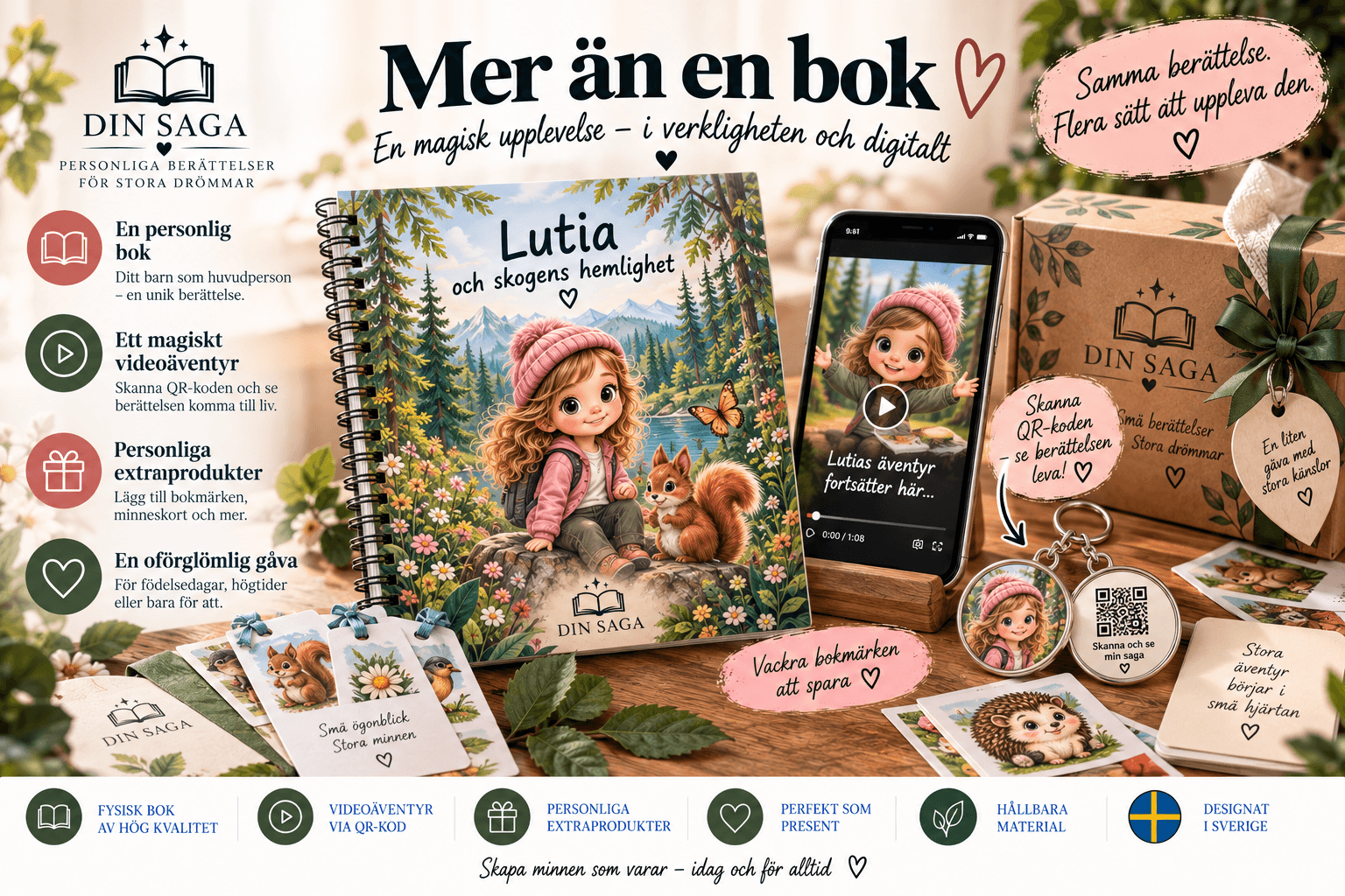 DIN SAGA som en komplett personlig upplevelse med bok, QR-video och minnesprodukter